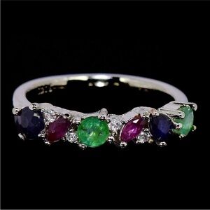 Natural Emerald Ruby & Sapphire Gemstone Ring in 925 Sterling Silver Size 7.75